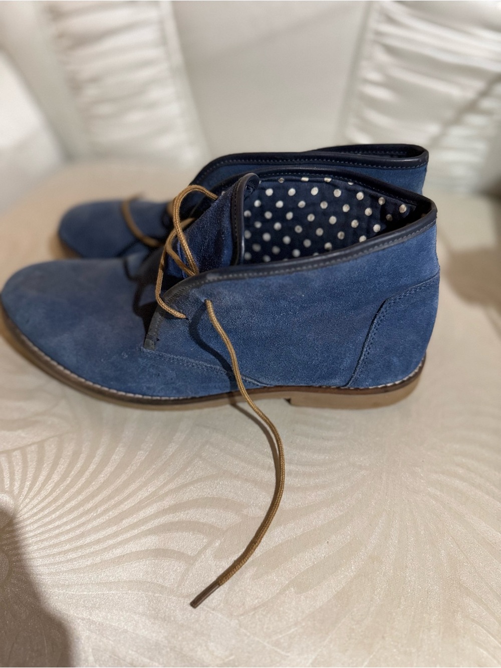 Men's Blue Suede Lace-Up Boots with Tan Laces